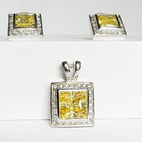 FANCY Canary Yellow and White Zirconias Earrings and Pendant Set 10K Gold Plated - Picture 7 of 8